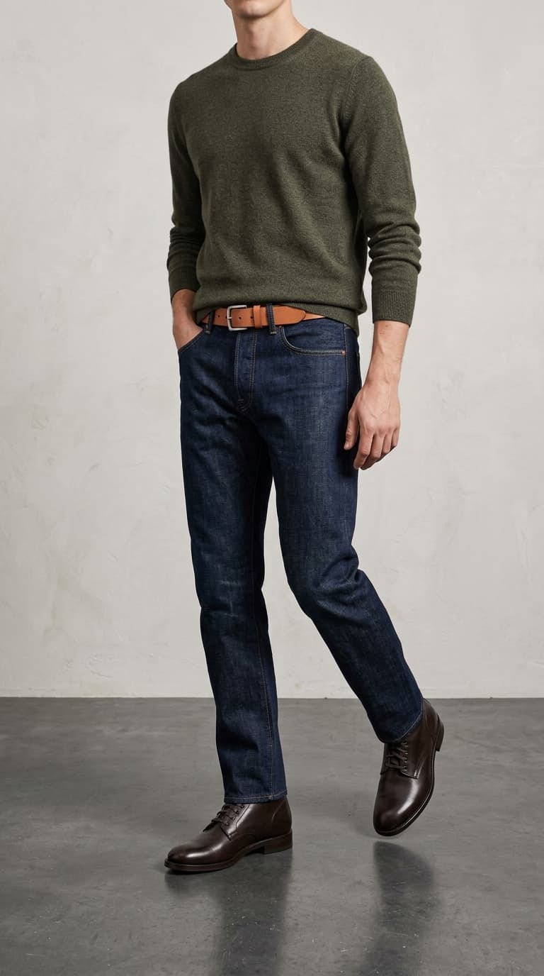 Man wearing dark wash jeans, a forest green crewneck sweater, a tan leather belt, and dark brown lace-up boots.