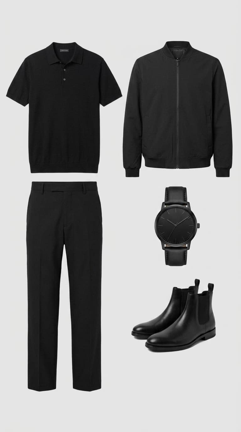 A flat lay of an all-black men's outfit including a short-sleeve knit polo, bomber jacket, tailored trousers, black watch, and black Chelsea boots.