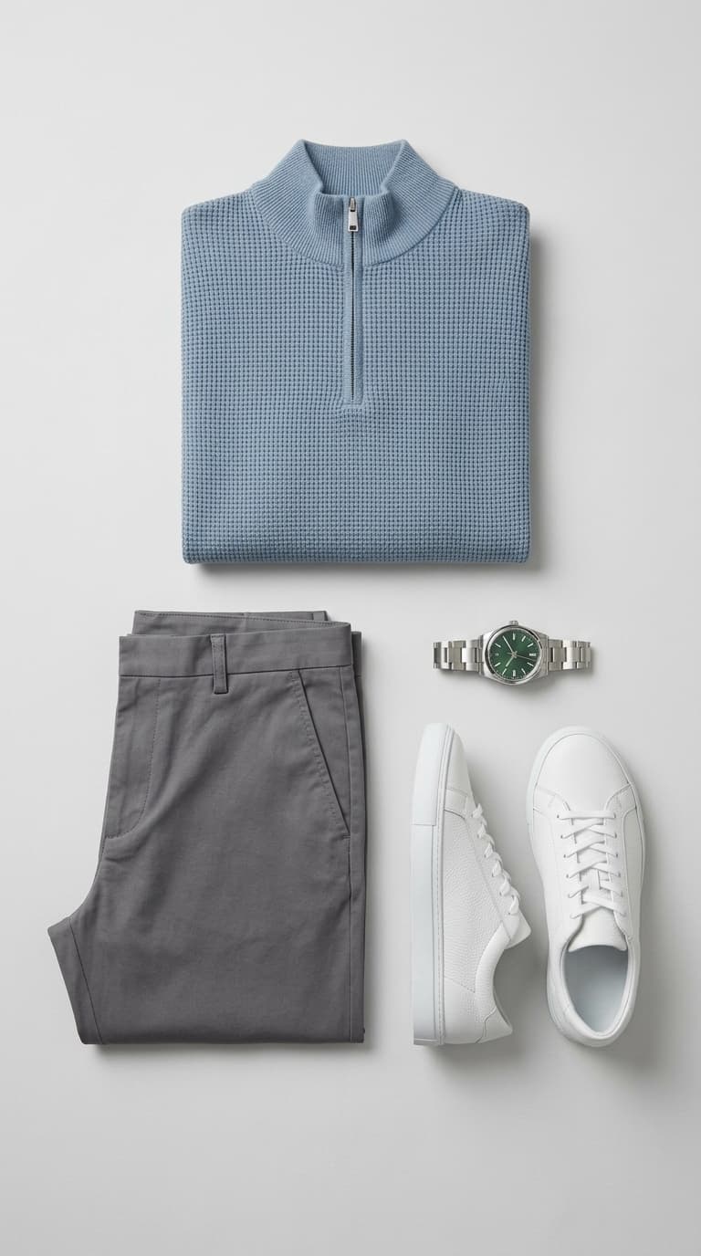 A flat lay of a light blue waffle-knit quarter-zip sweater, grey chinos, a silver watch with a green face, and white leather sneakers.
