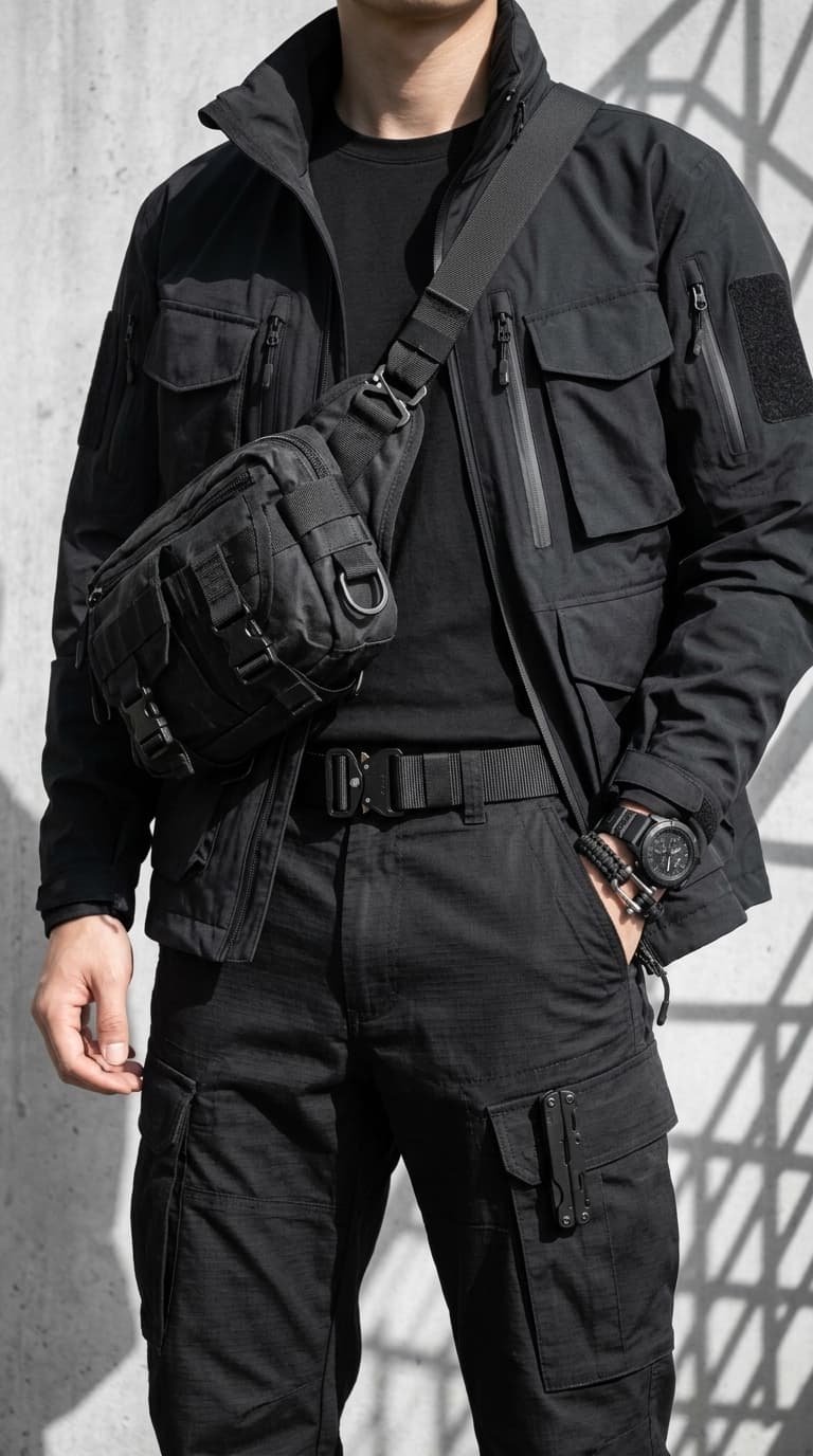 Man wearing a black tactical jacket, black t-shirt, black tactical cargo pants, and a black sling bag.