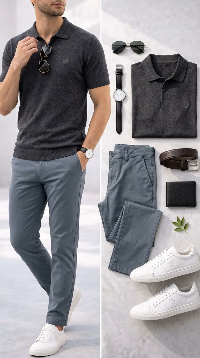 A man wearing a charcoal knit polo shirt and grey chinos, with a flat lay of the same outfit components including sunglasses, a watch, a belt, and white sneakers.