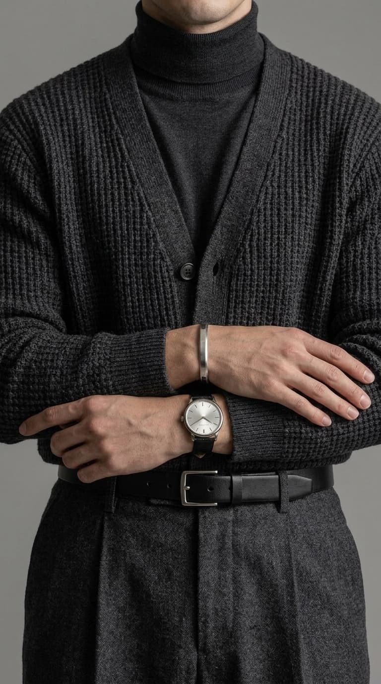 A man wearing a charcoal knit cardigan over a dark grey turtleneck, with charcoal trousers, a black belt, and a silver watch.