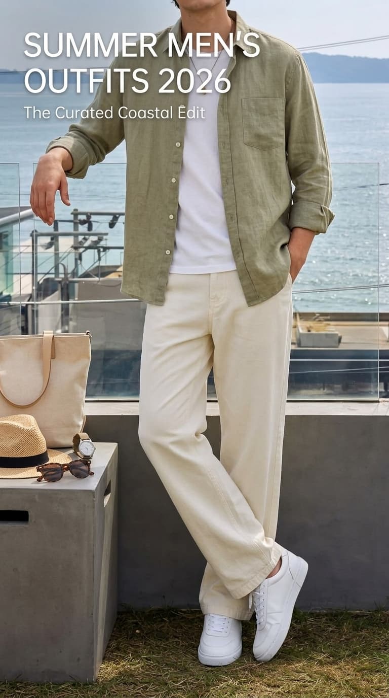 Man wearing a light green linen shirt over a white t-shirt, cream colored pants, and white sneakers, with a straw hat and sunglasses on a concrete block nearby.