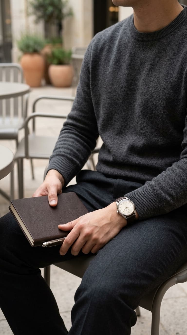 Man sitting outdoors wearing a charcoal crewneck sweater and dark trousers, holding a notebook.