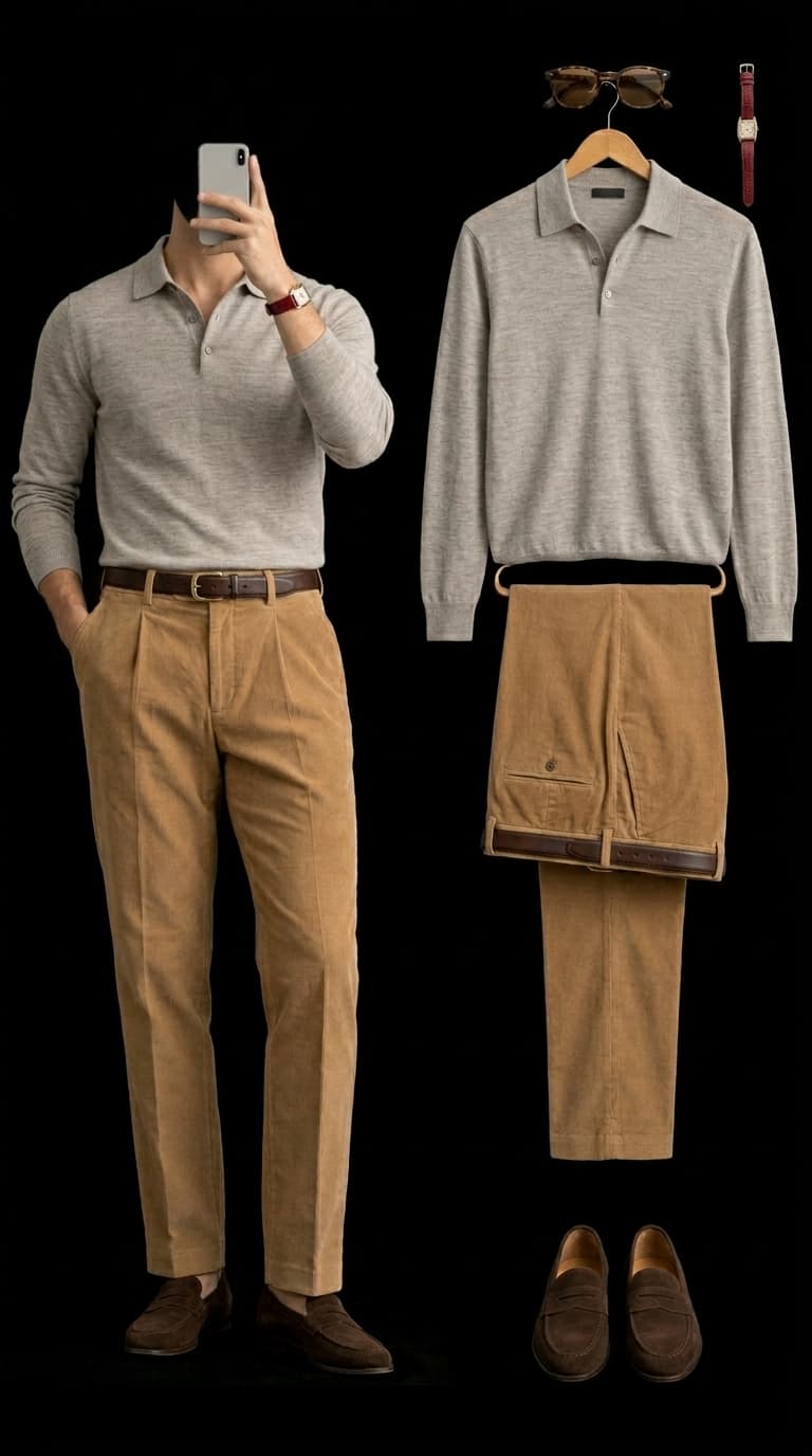 A man wearing a light grey long-sleeve polo shirt, brown corduroy pants, and brown loafers, with a similar outfit laid out separately.