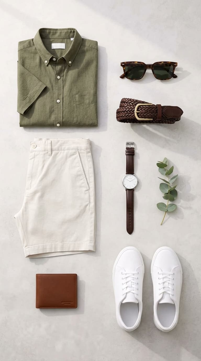A flat lay of a men's summer outfit featuring a green short-sleeve linen shirt, off-white chino shorts, a brown woven belt, tortoiseshell sunglasses, a brown leather watch, a brown leather wallet, and white sneakers.
