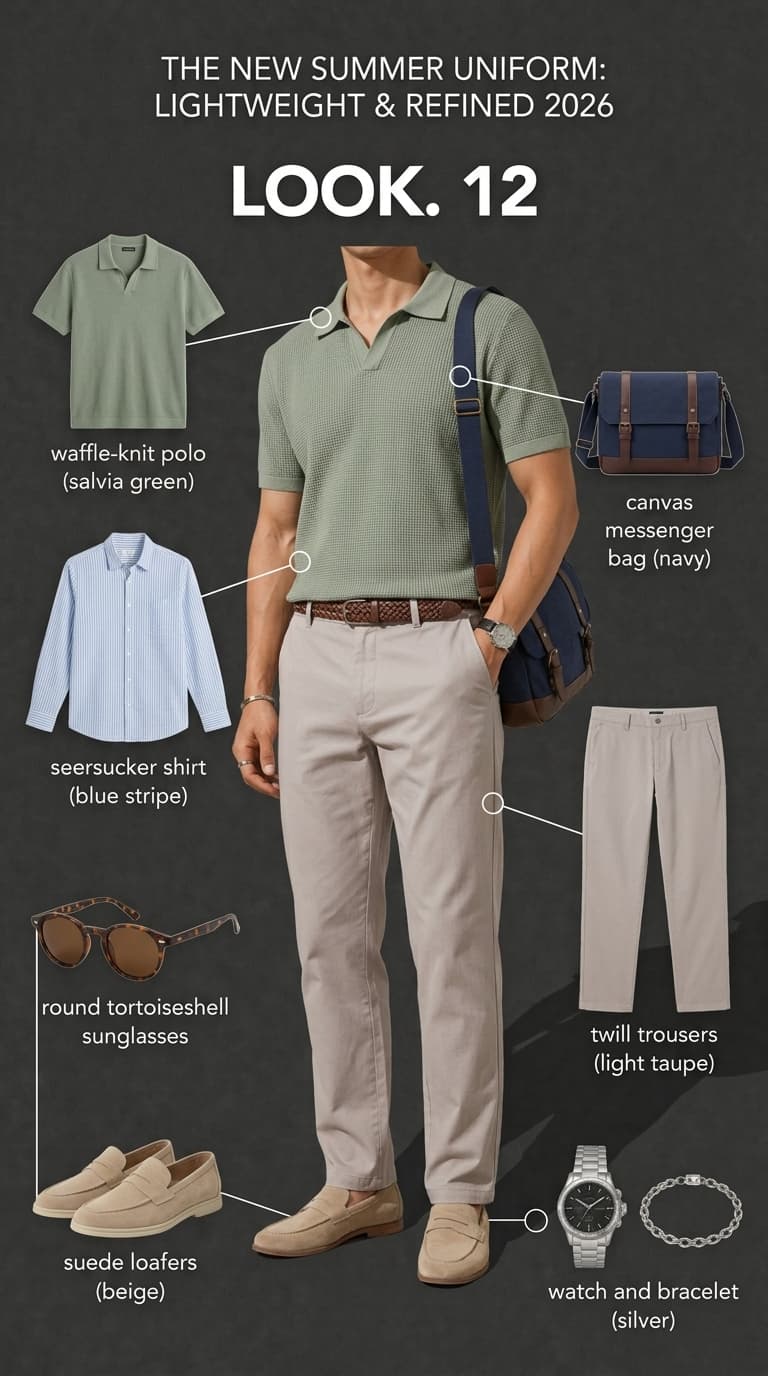 A man wearing a sage green waffle-knit polo shirt, light taupe twill trousers, beige suede loafers, and carrying a navy canvas messenger bag, showcasing a refined summer outfit.