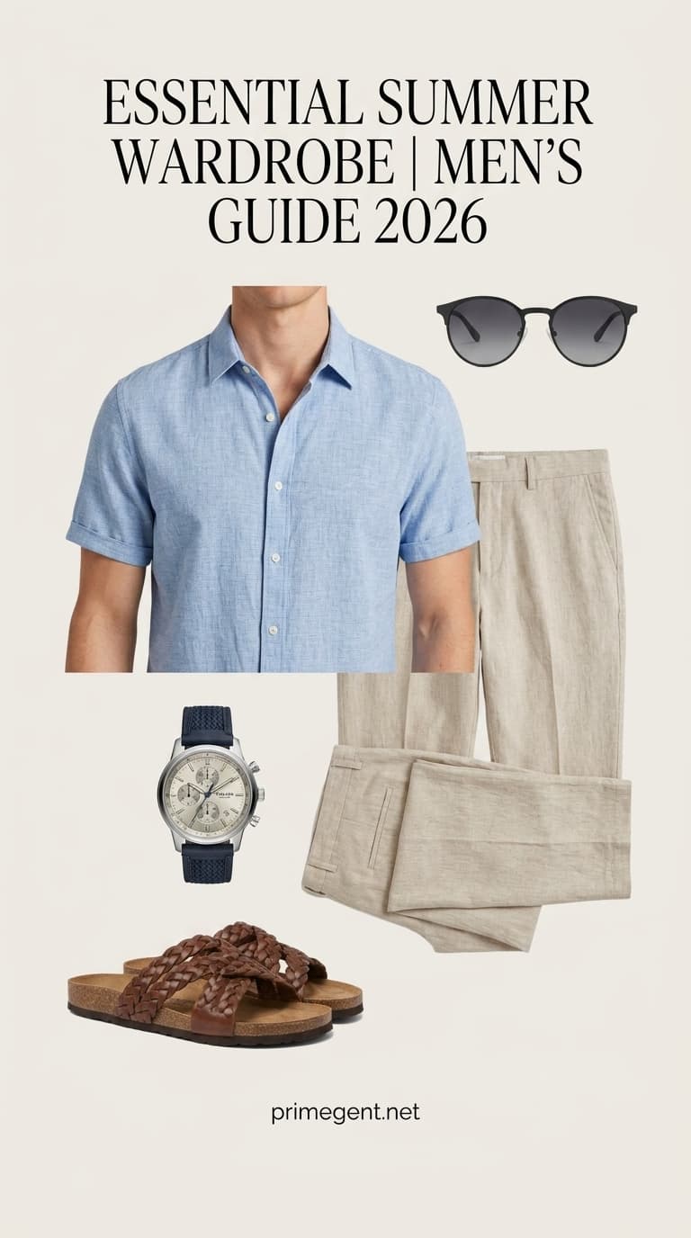 A flat lay of a men's summer outfit featuring a light blue short-sleeve linen shirt, beige linen trousers, brown braided sandals, a silver chronograph watch, and black sunglasses.