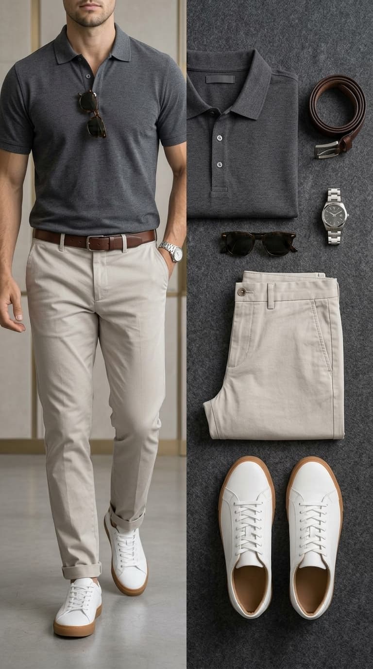 A man wearing a dark grey short-sleeve polo shirt, light beige chinos, and white sneakers, with a brown belt and sunglasses. A flat lay shows the same outfit components.