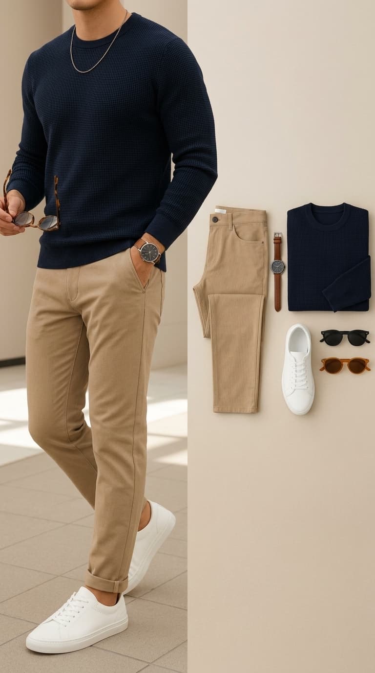 Man wearing a navy waffle knit sweater, khaki chinos, and white sneakers, with outfit components laid out.