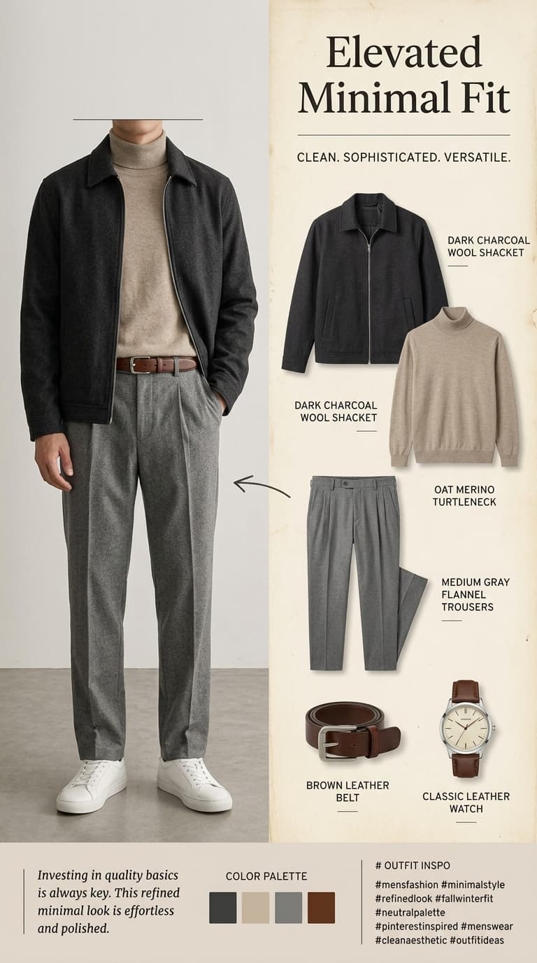 A man wearing a dark charcoal wool shacket over an oat merino turtleneck, medium gray flannel trousers, a brown leather belt, and white sneakers, with individual garment images and a color palette shown.