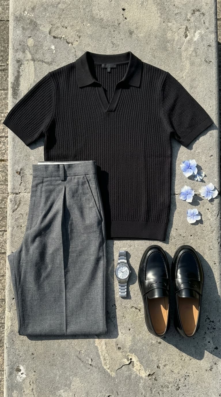 A flat lay of a black ribbed knit short-sleeve polo shirt, grey tailored trousers, a silver watch, and black penny loafers, arranged on a concrete surface with blue flowers.