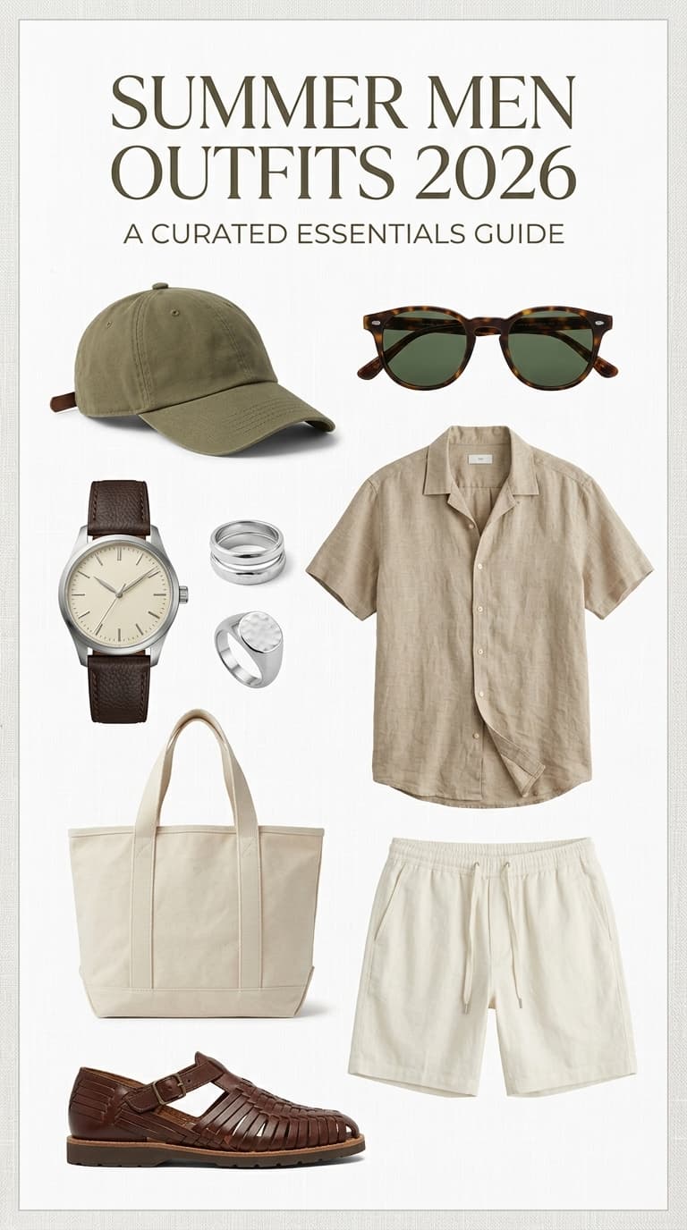 A flat lay of men's summer outfit essentials including a tan linen shirt, cream shorts, brown woven sandals, a canvas tote bag, a watch, rings, sunglasses, and a green baseball cap.