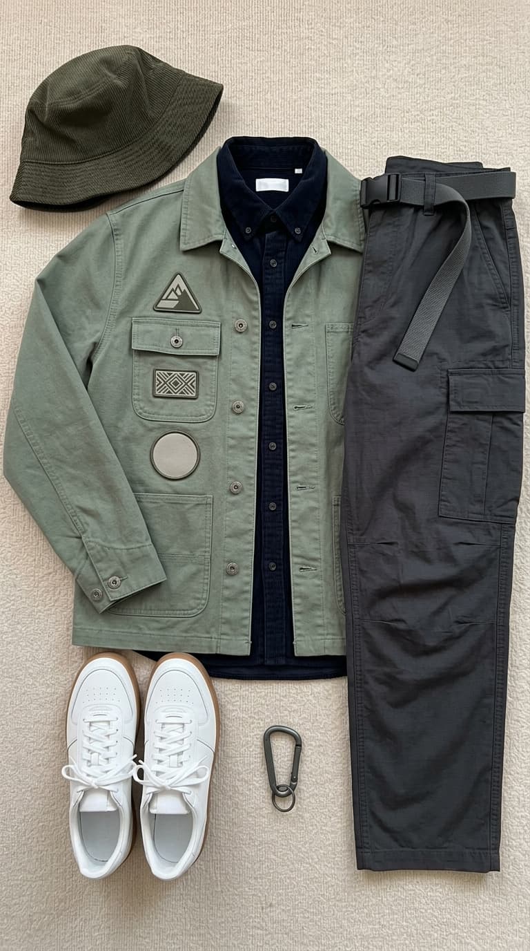 A flat lay of a men's outfit featuring a sage green utility jacket with patches, a navy collared shirt, dark grey cargo pants, a green bucket hat, white sneakers, and a carabiner clip.