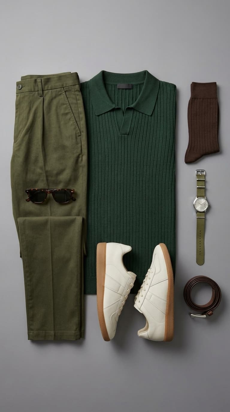 Flat lay of men's olive green chinos, a dark green ribbed knit polo shirt, brown socks, cream sneakers with gum soles, a brown belt, a green-strapped watch, and tortoiseshell sunglasses.