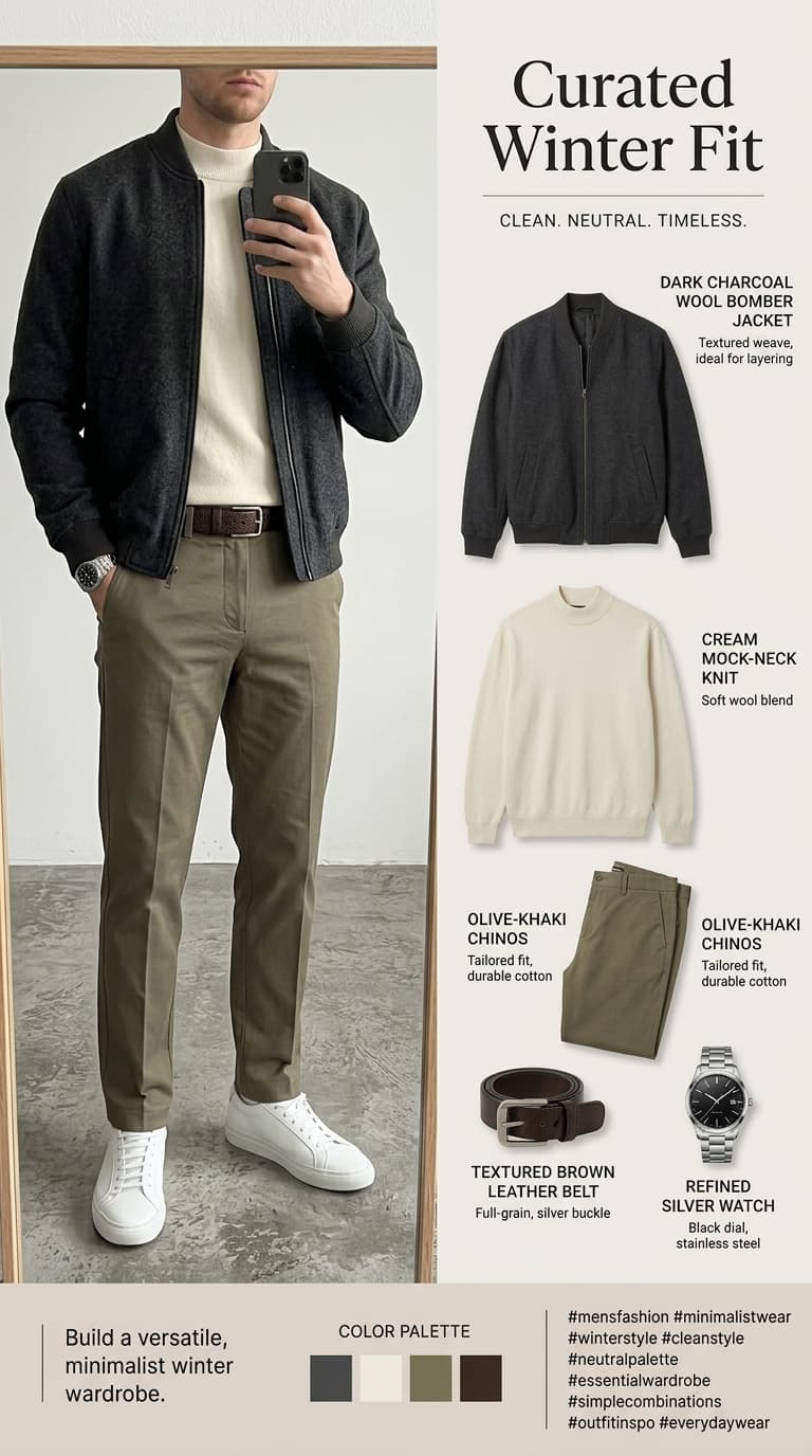 A man wearing a dark charcoal wool bomber jacket over a cream mock-neck sweater, olive-khaki chinos, a brown leather belt, and white sneakers.