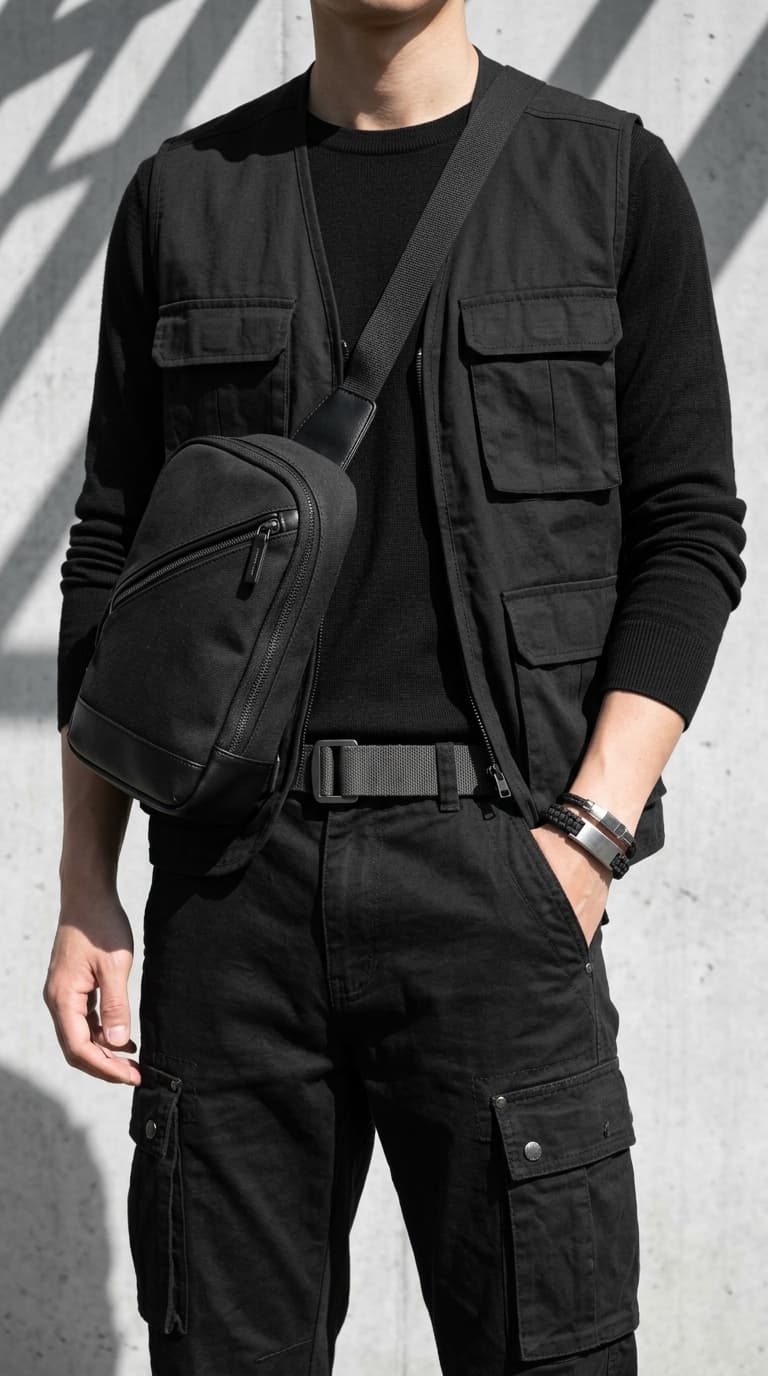 Man wearing a black tactical vest over a black sweater, black cargo pants, and a black sling bag, with a grey belt and beaded bracelets.