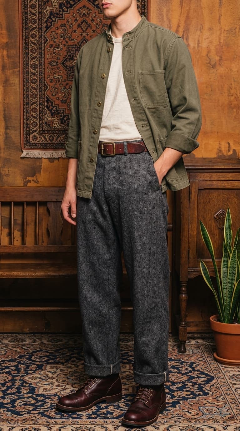 Man wearing a green utility jacket over a cream t-shirt, grey tweed trousers, a brown leather belt, and burgundy lace-up boots.