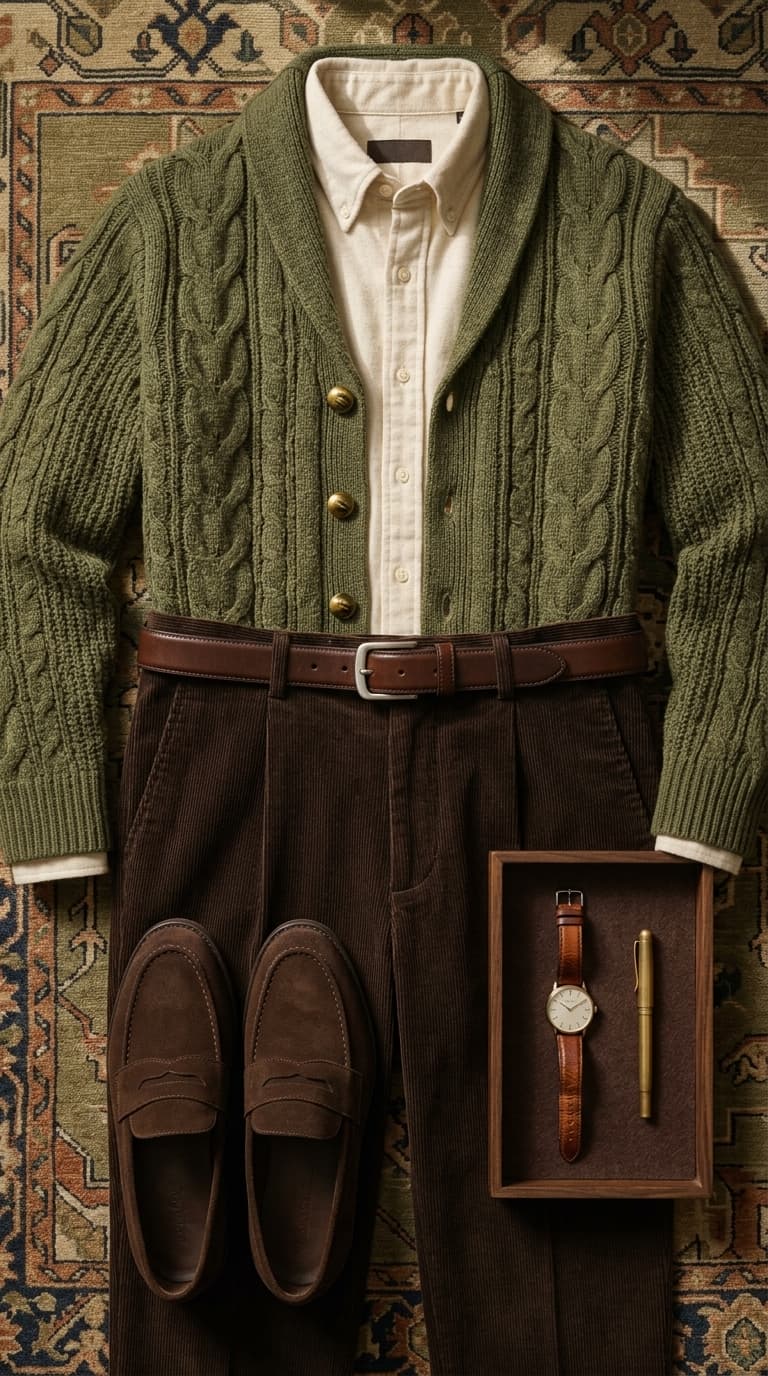 A flat lay of a men's fall outfit featuring a green cable-knit cardigan, a cream button-down shirt, brown corduroy pants, brown suede loafers, a brown leather belt, a watch, and a pen.