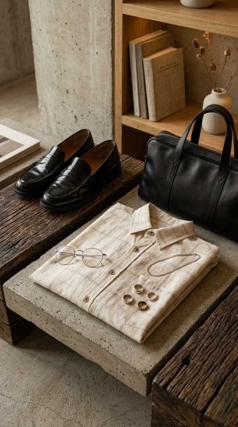 A folded light-colored plaid linen shirt with round wire-frame glasses, rings, and a silver chain laid out on a concrete surface, with black loafers and a black leather duffel bag nearby.