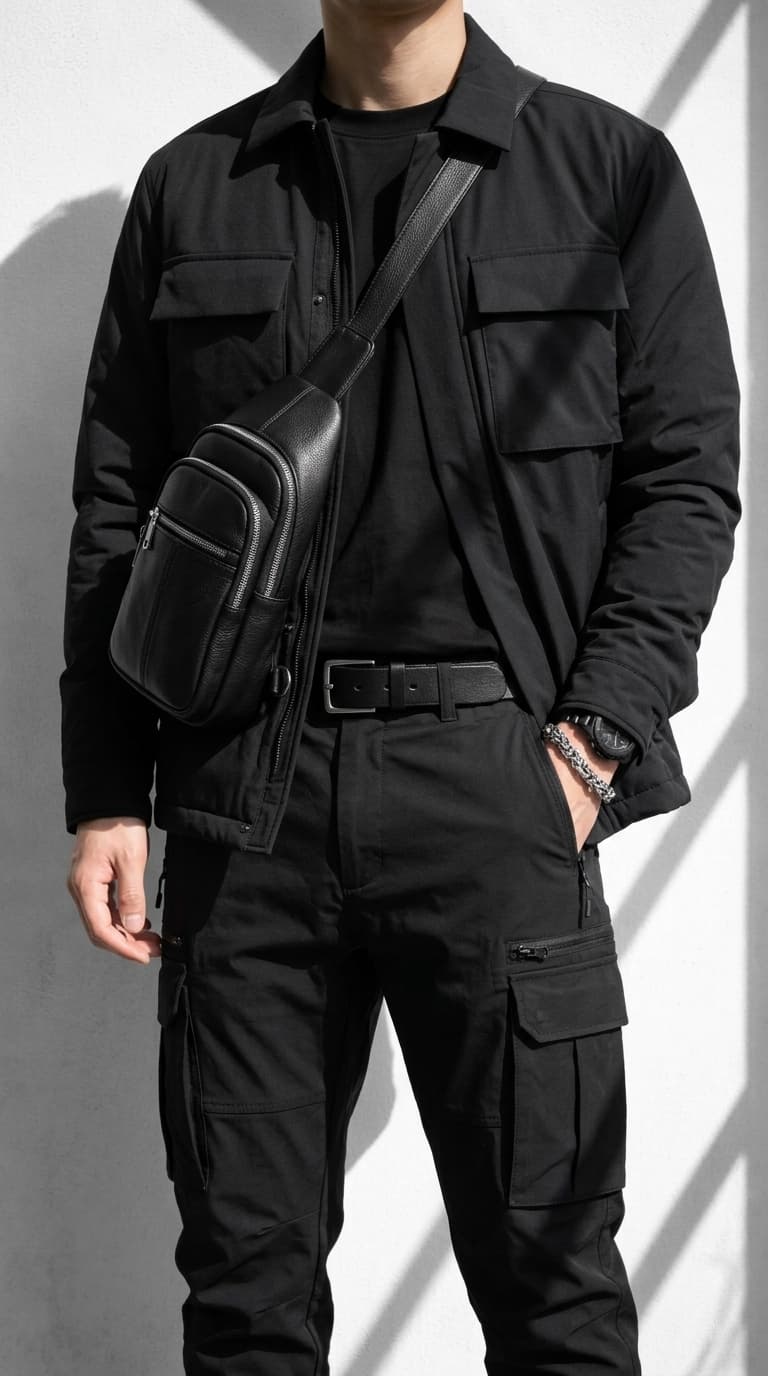 Man wearing a black jacket, black t-shirt, black cargo pants, black belt, and a black sling bag.