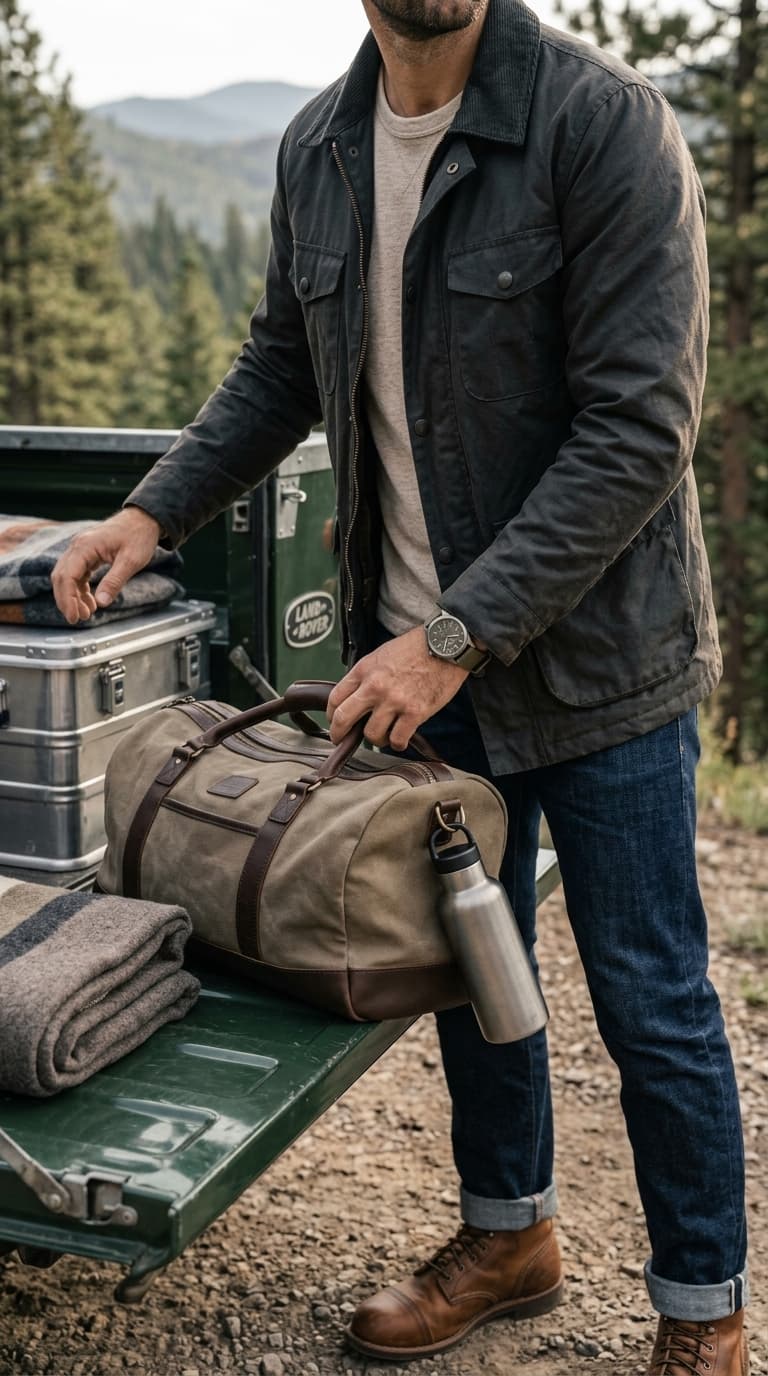 Man in a dark waxed canvas jacket, tan t-shirt, dark wash jeans, and brown lace-up boots, loading a duffel bag into the back of a vehicle.