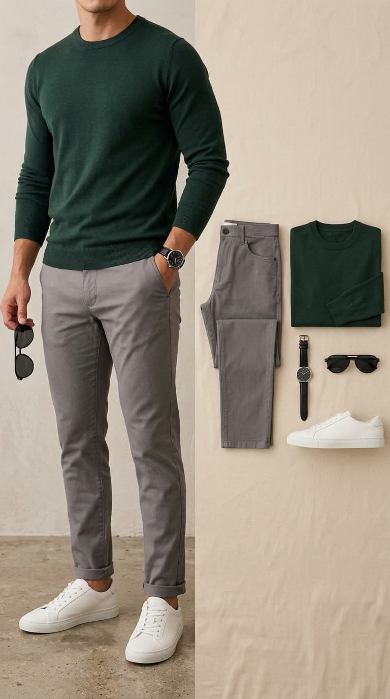 Man wearing a dark green crewneck sweater, grey chinos, and white sneakers, with a flat lay of the outfit components including a folded sweater, pants, watch, and sunglasses.