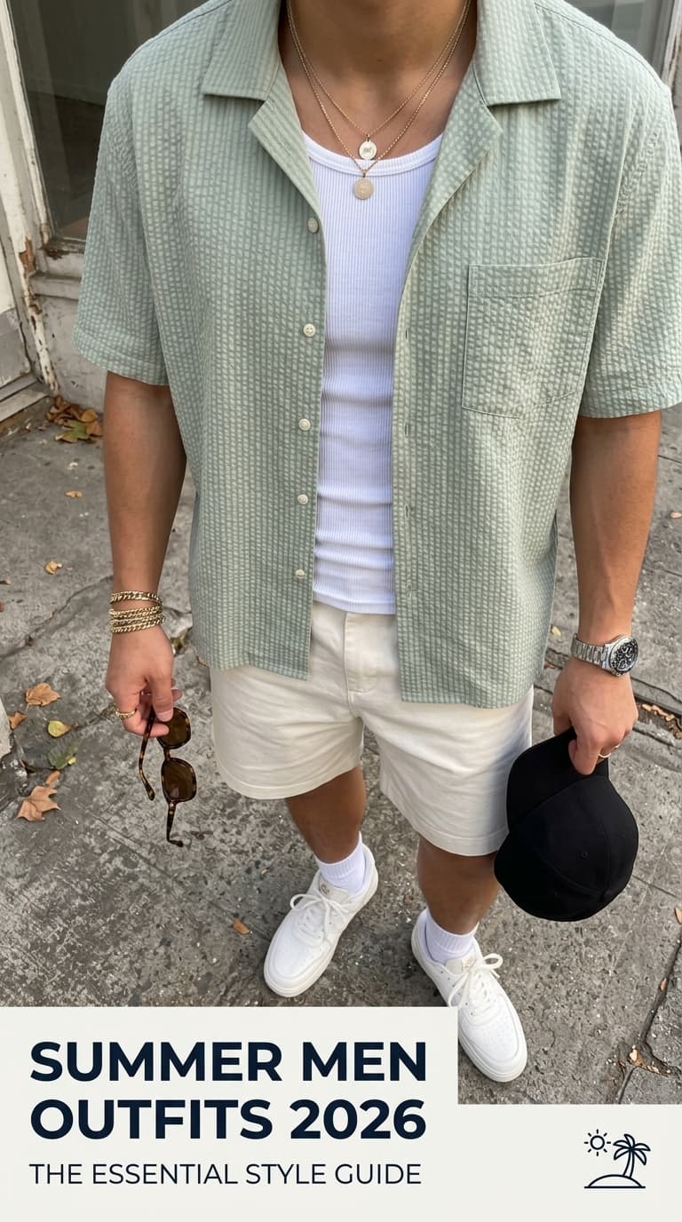Man wearing a light green textured short-sleeve camp shirt over a white tank top, paired with cream shorts and white sneakers.
