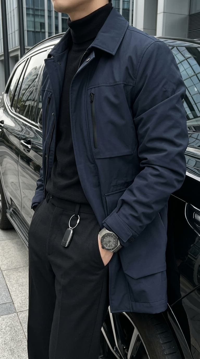 Man wearing a navy jacket over a black turtleneck, black trousers, and a watch, standing next to a car.