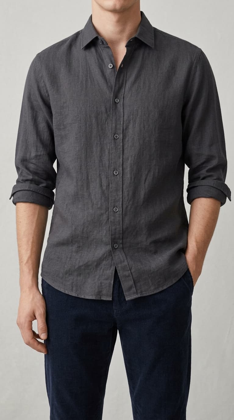 Man wearing a charcoal long-sleeve linen shirt with navy corduroy pants.