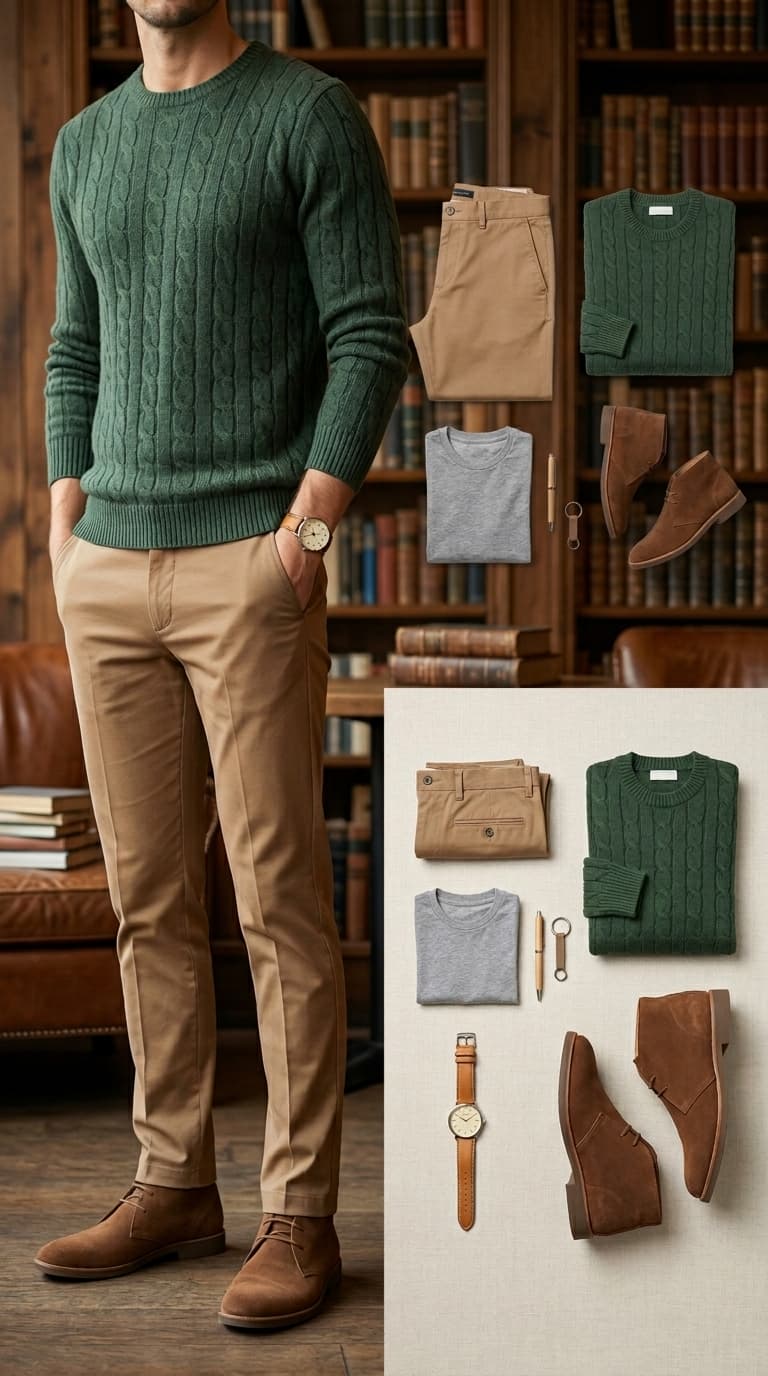 A man wearing a green cable-knit sweater and tan chinos, with flat lays of the outfit components.