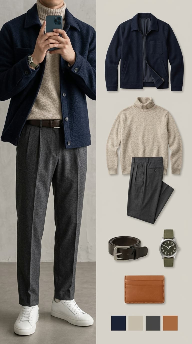 A man models a smart casual fall outfit featuring a navy jacket over a beige turtleneck, charcoal pleated trousers, and white leather sneakers.