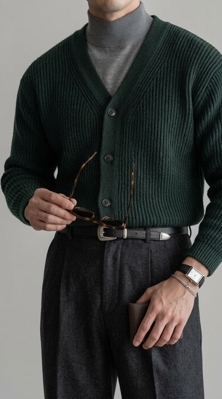 Man wearing a dark green ribbed V-neck cardigan over a grey turtleneck, dark grey pleated trousers, and holding sunglasses.