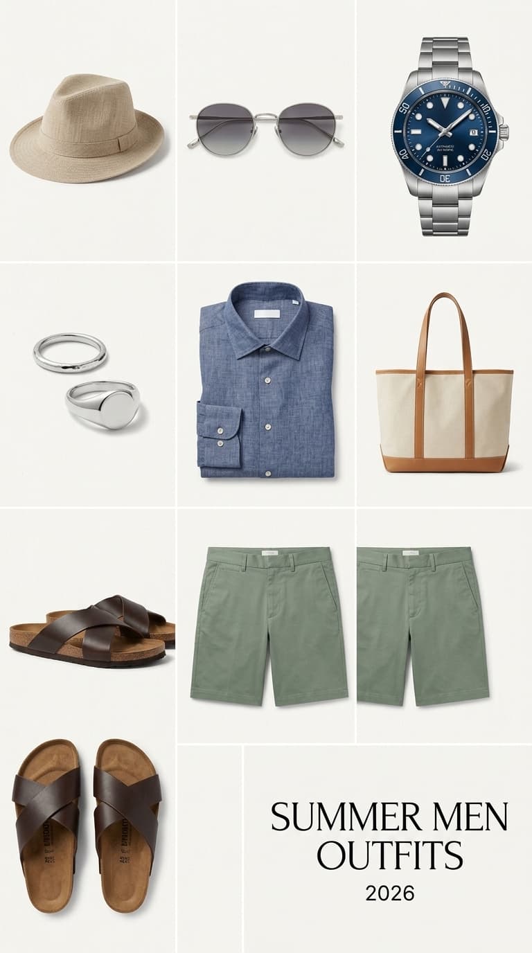 A flat lay of men's summer outfit essentials including a straw fedora, round sunglasses, a silver watch, a blue linen shirt, a canvas tote bag, brown leather sandals, and sage green shorts.
