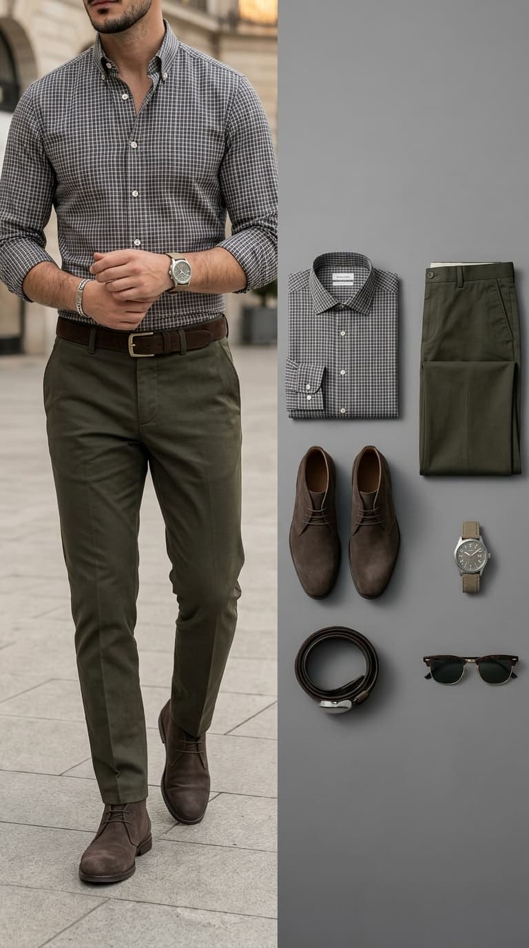A man wearing a grey and white checked long-sleeve button-down shirt, olive green chinos, and brown chukka boots, with a flat lay of the outfit components including a watch and sunglasses.