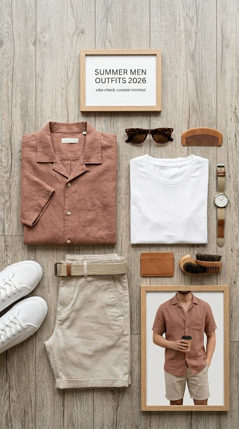 Flat lay of men's summer outfit essentials including a rust-colored linen shirt, white t-shirt, beige shorts, white sneakers, sunglasses, and a watch.