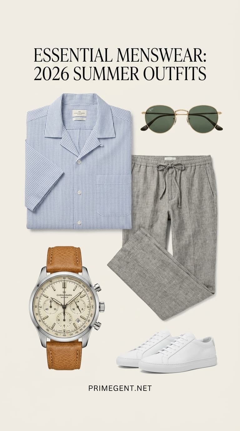 Flat lay of a men's summer outfit featuring a blue and white striped short-sleeve camp collar shirt, grey linen drawstring pants, a tan leather strap chronograph watch, and white leather sneakers.