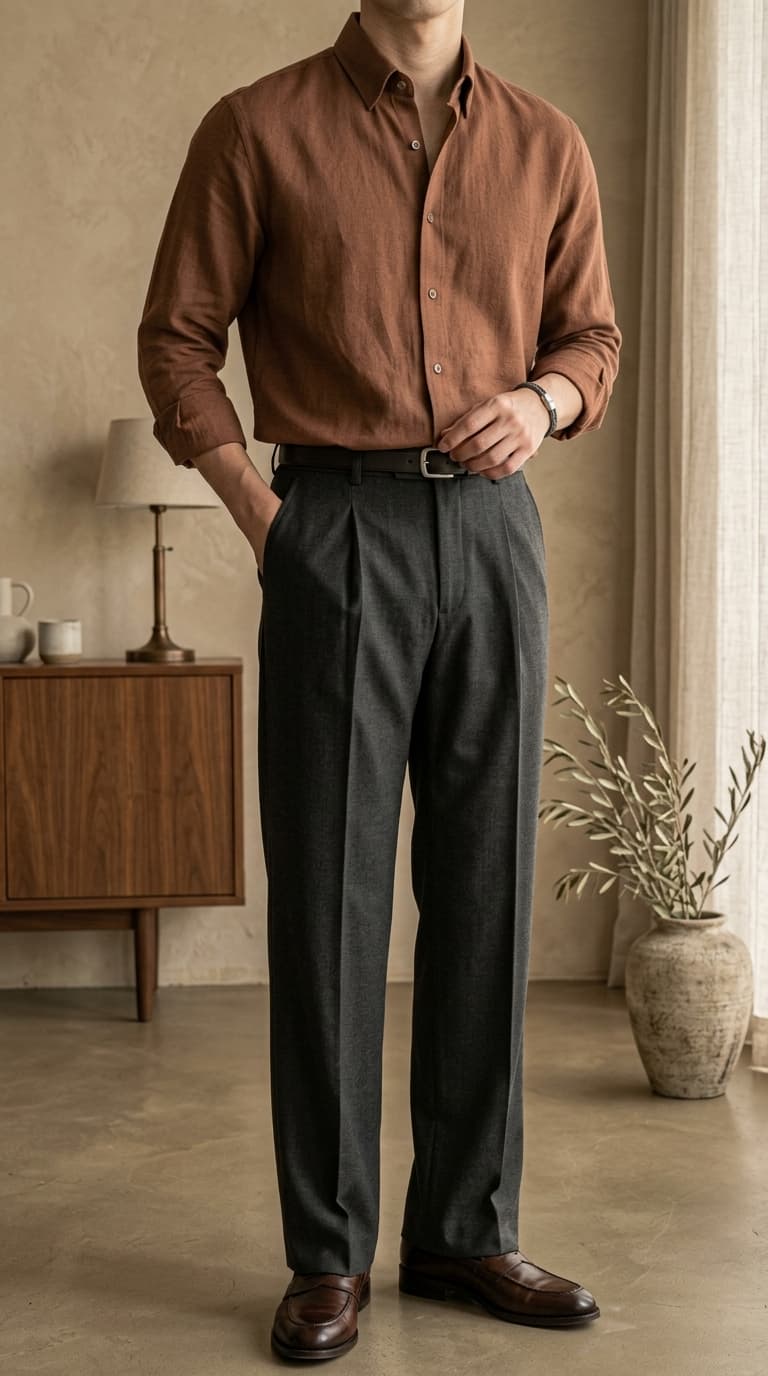 Man wearing a rust-colored long-sleeve linen shirt, dark grey pleated trousers, a dark belt, and brown leather loafers.