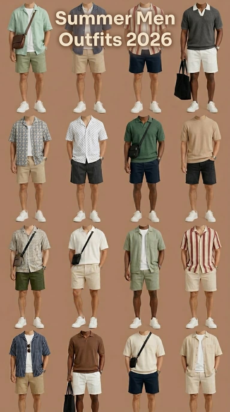 A collage of men's summer outfits featuring various shirts, shorts, and accessories.