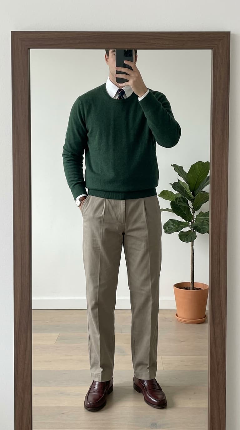Man in a mirror wearing a dark green crewneck sweater over a white collared shirt and navy tie, paired with light brown pleated chinos and burgundy penny loafers.