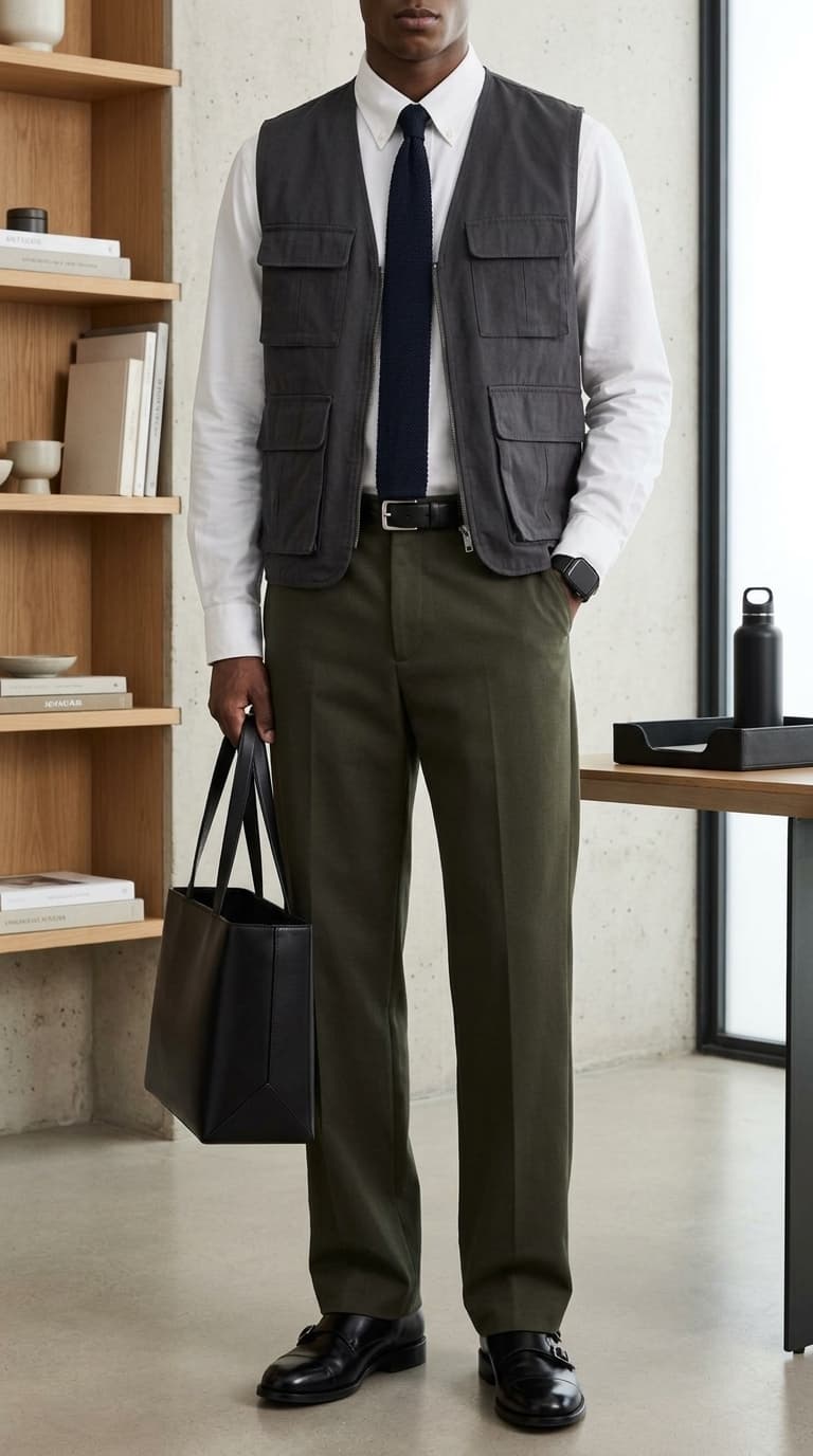 A man wearing a dark grey utility vest over a white dress shirt, navy tie, olive green trousers, and black double monk strap shoes, holding a black tote bag.