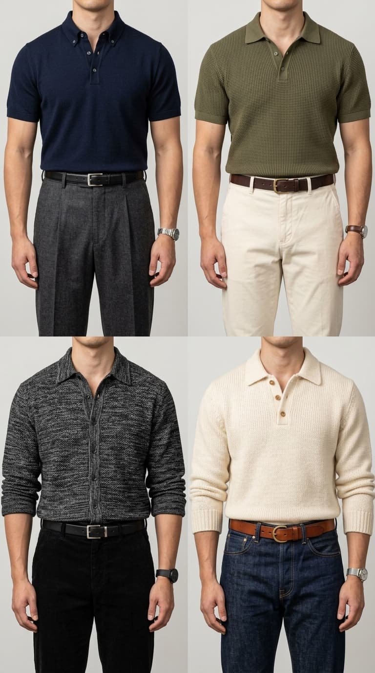 Four men in different knit polo shirt outfits, showcasing smart casual style.