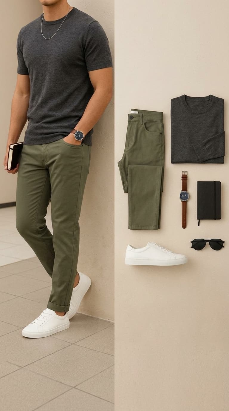 Man wearing a charcoal t-shirt and olive chinos with white sneakers, with a flat lay of the outfit components including a long-sleeve shirt, watch, notebook, and sunglasses.