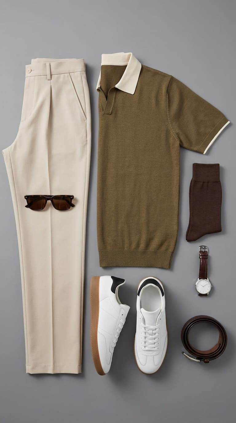 Flat lay of a men's smart casual outfit featuring a khaki pleated trouser, olive green knit polo shirt, white sneakers, brown socks, brown leather belt, and tortoiseshell sunglasses.