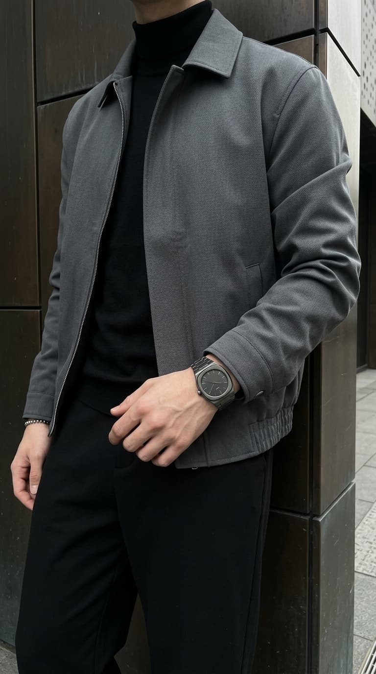 Man wearing a charcoal grey bomber jacket over a black turtleneck and black trousers, with a minimalist watch.