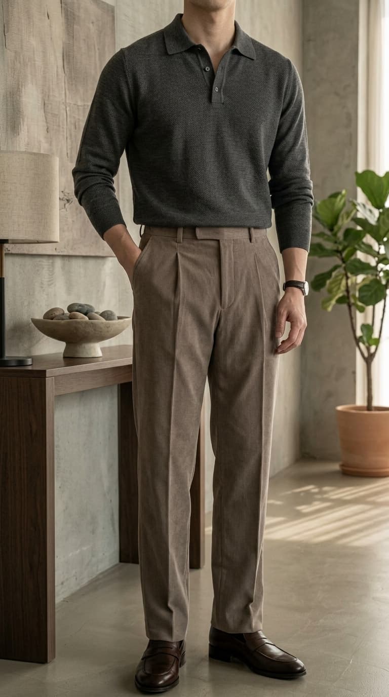 Man wearing a dark grey knit polo shirt and taupe pleated trousers with brown loafers.