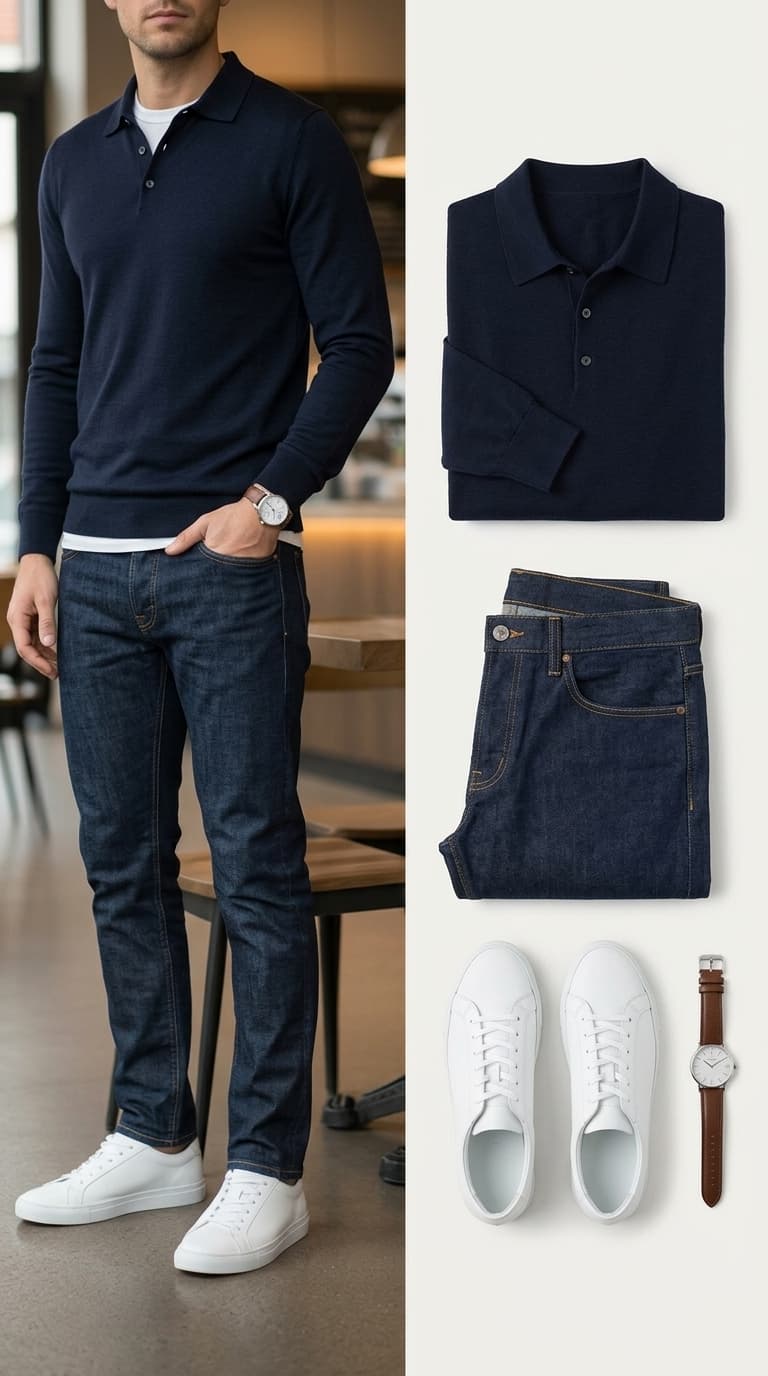 A man wearing a navy long-sleeve knit polo shirt, white t-shirt, dark wash jeans, and white sneakers, with the outfit components laid out beside him.