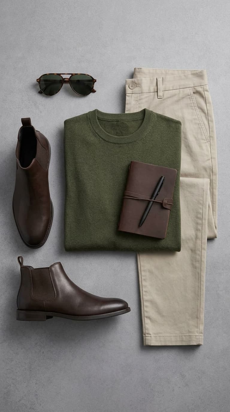 Flat lay of men's smart casual outfit featuring brown Chelsea boots, beige chinos, a green crewneck sweater, tortoiseshell sunglasses, and a small leather-bound notebook with a pen.