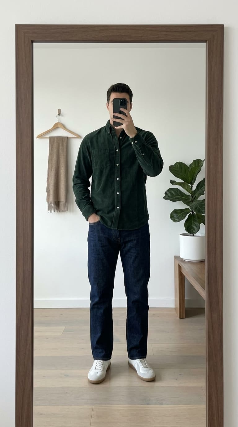 Man wearing a dark green corduroy button-down shirt, dark wash jeans, and white sneakers, taking a mirror selfie.