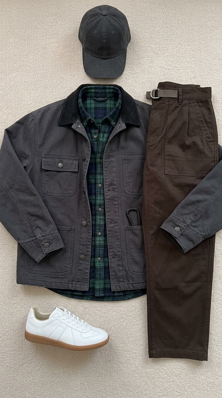 Flat lay of a men's outfit featuring a charcoal utility jacket over a green and navy plaid shirt, brown pleated pants, a dark gray corduroy baseball cap, and white sneakers with gum soles.